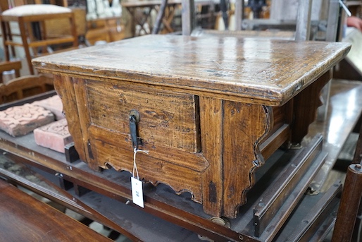 An 18th century style French provincial fruitwood single drawer low table, width 69cm, depth 49cm, height 31cm